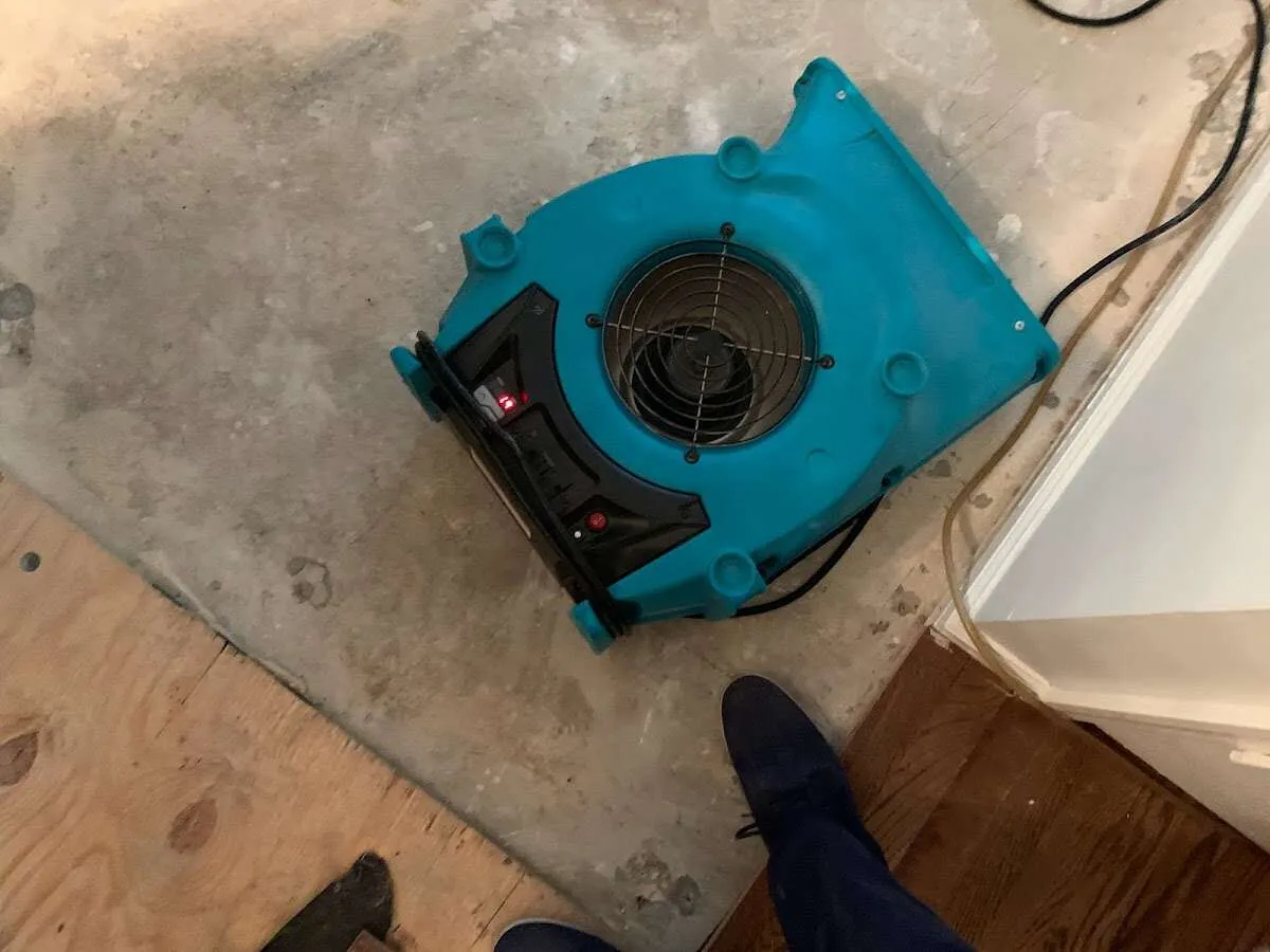 Air mover drying subfloor during Commercial Water Damage Restoration in Chantilly